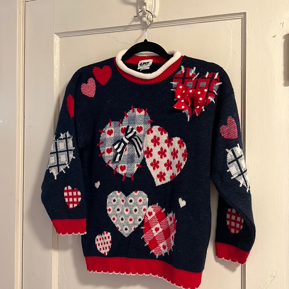 Vintage 80s Novelty Sweater Navy Hearts Bows Medium M
